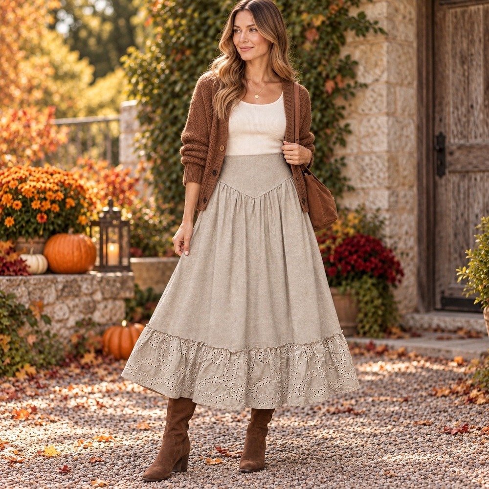 Laffaire Midi Skirt Womens Small Tan Striped Excellent Eyelet Lace Ruffle Boho